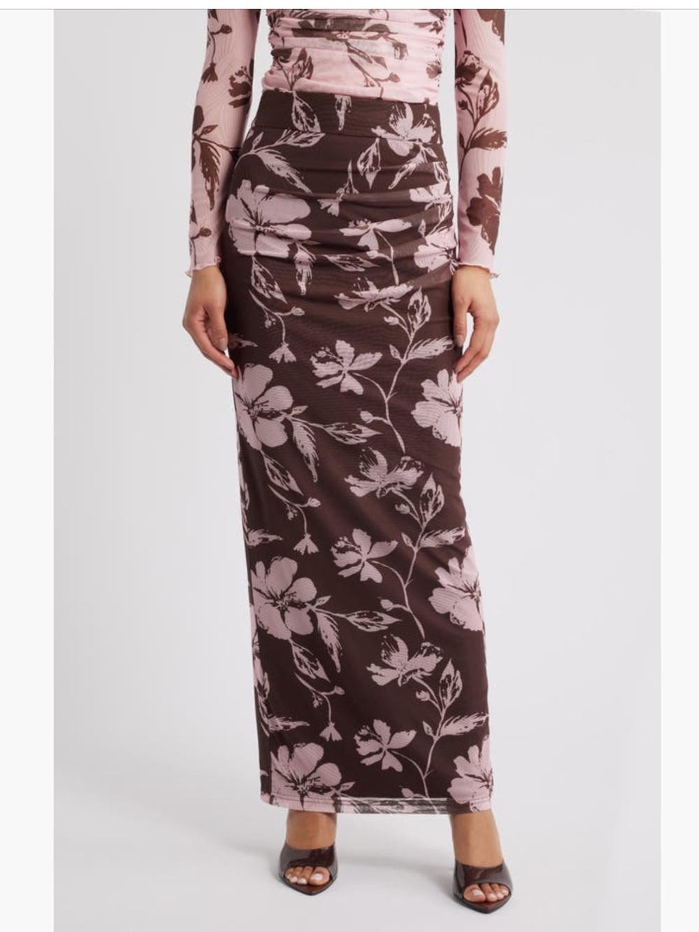 Petal & Pup Navida Mesh Floral Midi Skirt Pink Brown Medium NWT